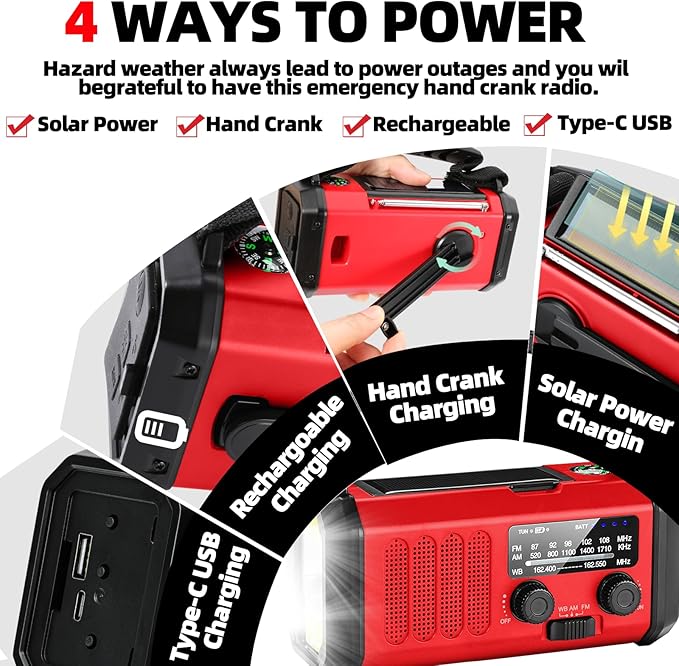 Emergency Weather Radio,37000mWh Portable NOAA/AM/FM Crank Radio, Reading Light, Solar Radio, SOS Emergency Flashlight, Multiple Power Sources,for Hurricanes and Emergencies