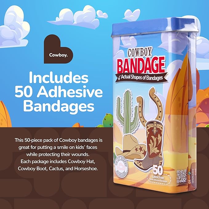 BioSwiss Kids Bandages, Cowboy Shaped Self Adhesive Bandage Set, Latex Free, Sterile Wound Care, 50 Count