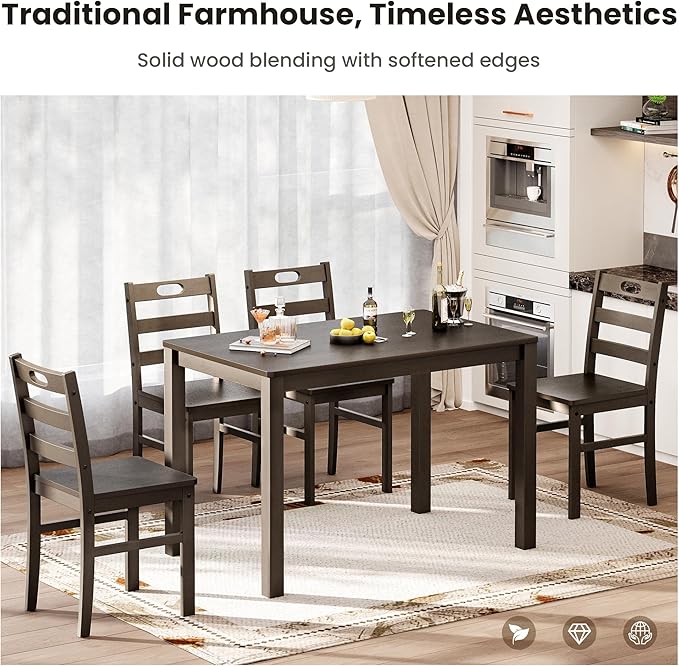 PHI VILLA Dining Table Set for 4, Classic Farmhouse Kitchen Table with 4 Chairs with Built-in Handle, Solid Wood Rectangle Dinner Table Set, Dark Walnut