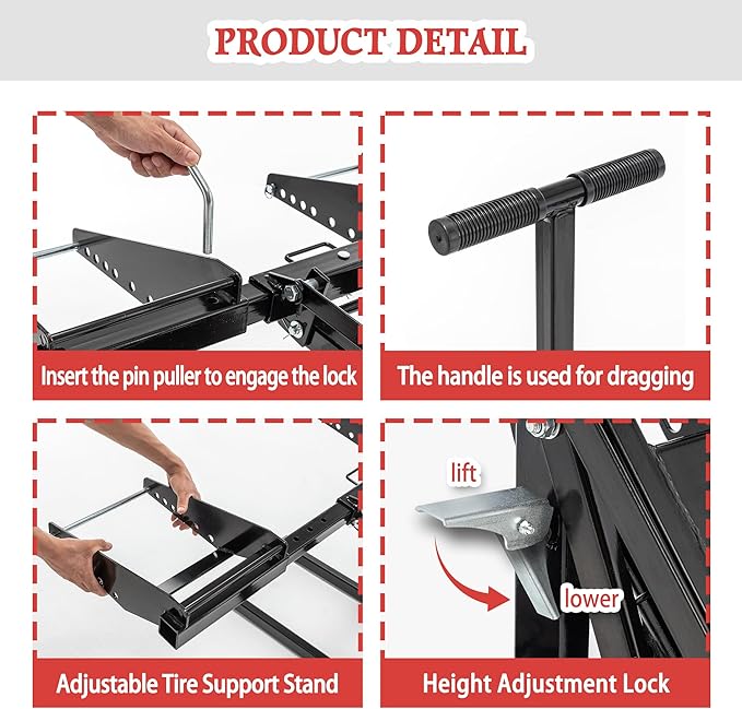 Heavy Duty Lawn Mower Lift Jack 550lbs Capacity Riding Mower Lift with Safety Lock& Non-Slip Wheels Lawn Tractor Lift Adjustable Wheel Span Suitable for Tractors and Zero Turn Lawn Mowers