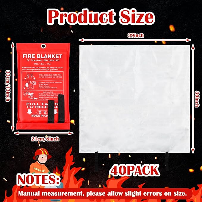 Macarrie 40 Pack 39” x 39” Fire Blanket Emergency for Home and Kitchen Safety Suppression Blanket Fiberglass Fireproof Survival for Fireplace Car Office Camping (Red)