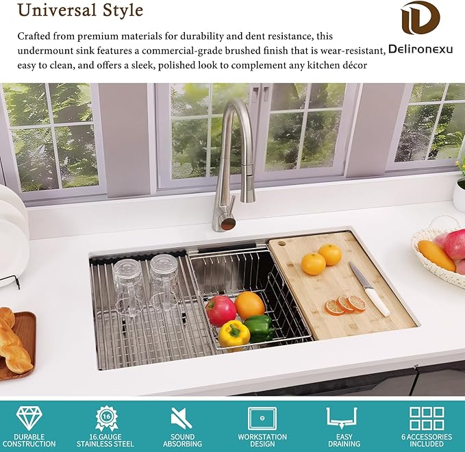33 Inch Undermount Kitchen Sink Workstation – Delironexu 16 Gauge Undermount Stainless Steel Sink, 33x19 Kitchen sink Single Bowl with 6 Accessories, Multi-Functional Workstation Sinks