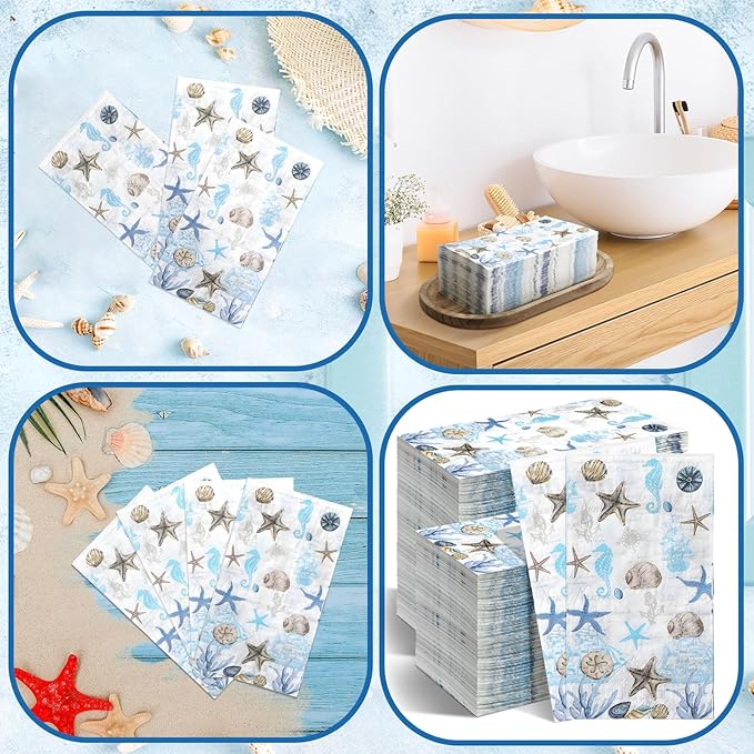 Jetec 200 Pieces Sea Paper Napkins Summer Paper Guest Towels for Bathroom Decorative Sea Blue Starfish Disposable Guests Paper Napkins Nautical Coastal Hand Towels for Bathroom Wedding Dinner Party