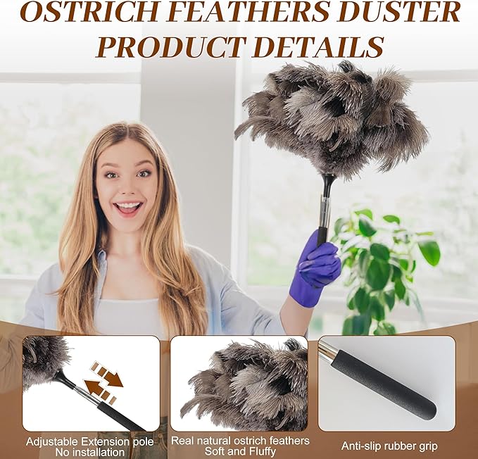 40 inches Extendable Ostrich Feather Duster, Fluffy Long Handle Reusable Duster for Cleaning Ceiling Fans, Pendant Lamps, High Ceilings, Blinds, and Furniture