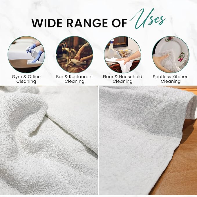 White Terry Bar Mop Towels 80 Pcs (Approx)- 100% Cotton Ultra-Absorbent Cleaning Rags, Perfect Washable Kitchen Rags for Bars, Restaurants & Home - Multipurpose (10 lbs. Box)
