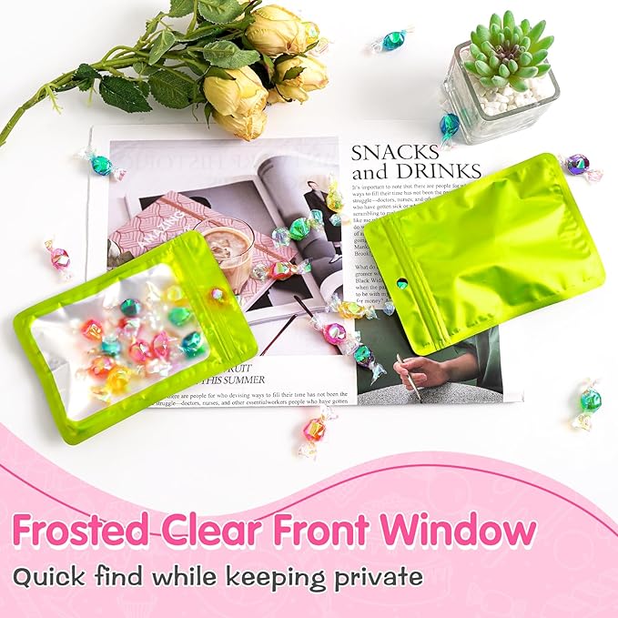 FUNFERY 100 Pack Mylar Resealable Bags Foil Packaging Bags with Clear Window,Zipper Pouch Smell Proof Bag for Food Storage,Cookies,Sample,Small Business(Green,2.4x3.9inch)