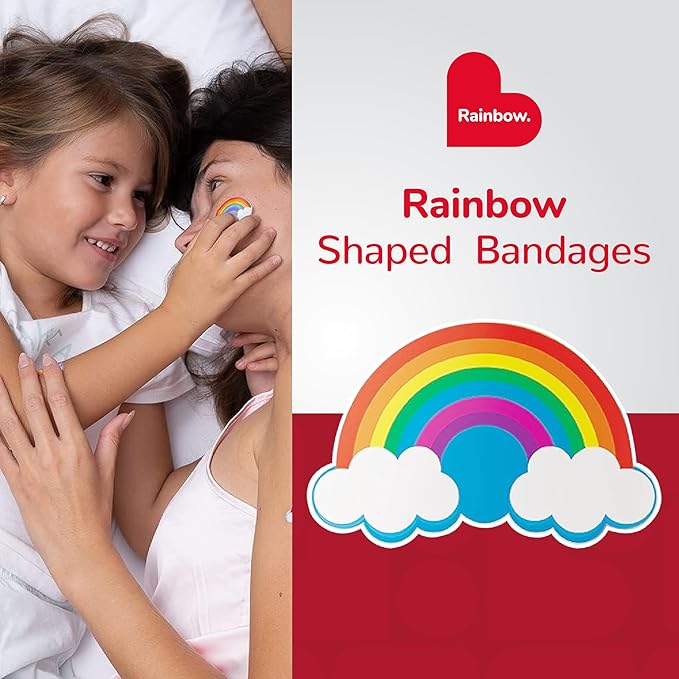 BioSwiss Kids Bandages, Rainbow Shaped Self Adhesive Bandage Set, Latex Free, Sterile Wound Care, 50 Count