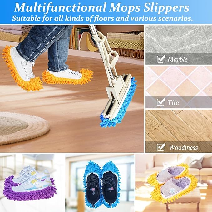 M-jump 8 PCS 4 Pairs Duster Mop Slippers Cover, Multi Function Chenille Fibre Washable Dust Mop Floor Cleaning Shoes for Bathroom, Office, Kitchen, House Polishing