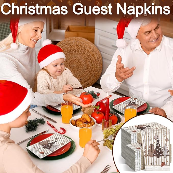 Jetec 200 Pcs Christmas Napkins Disposable Christmas Tree Paper Guest Towels for Bathroom Decorative Hand Towel 2 Ply Guest Paper Napkins for Xmas Winter Holiday Kitchen Party Supplies