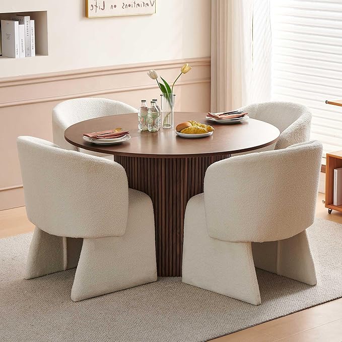 Kitchen Dining Table Set for 4, Farmhouse Round Dining Room Table and 4 Seated Dining Accent Chairs Curved Backrest&Armrest, Modern Dining Room Table Set for Home Dining Hall