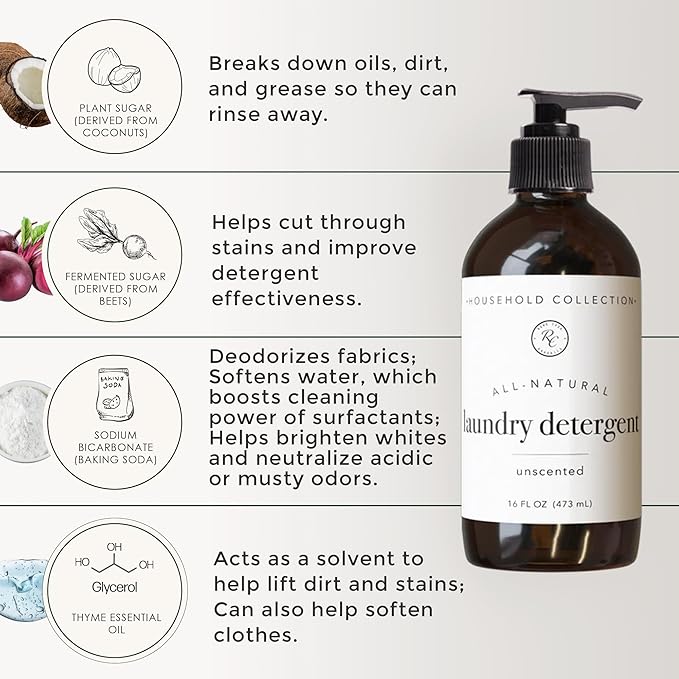 Rowe Casa Organics Unscented Laundry Detergent Liquid – Fragrance-Free Liquid Washing Detergent to Add Your Favorite Essential Oil Scents – 16 oz Pump Bottle