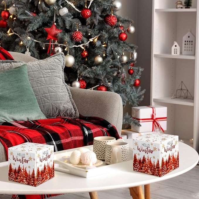 Bencailor 12 Pack Snowflake Facial Tissues Cube Boxes Winter Christmas Tree Square 600 Sheets 3 Ply Small Tissues Cube Boxes for Home Car Accessories(Red,Christmas Tree)