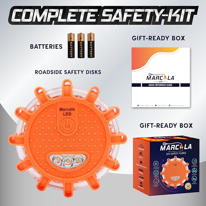 Marcala LED Road Flare 1-Pack | DOT Compliant LED Road Flares Car Emergency Kit | Emergency Flares Kit w/Batteries Installed | Roadside Safety Disc w/ 9 Flashing Modes | Get Noticed from a Mile Away