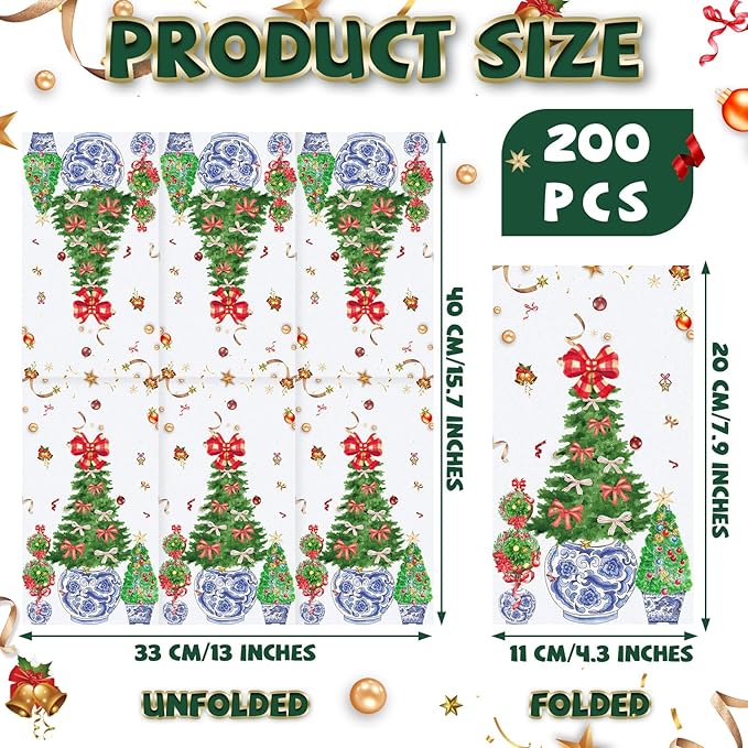 Jetec 200 Pcs Christmas Guests Napkins Disposable Hand Towels for Bathroom Christmas Tree Decorative Disposable Guests Napkins Topiary Trees Paper Guest Towels for Xmas Holiday Kitchen Dining Table