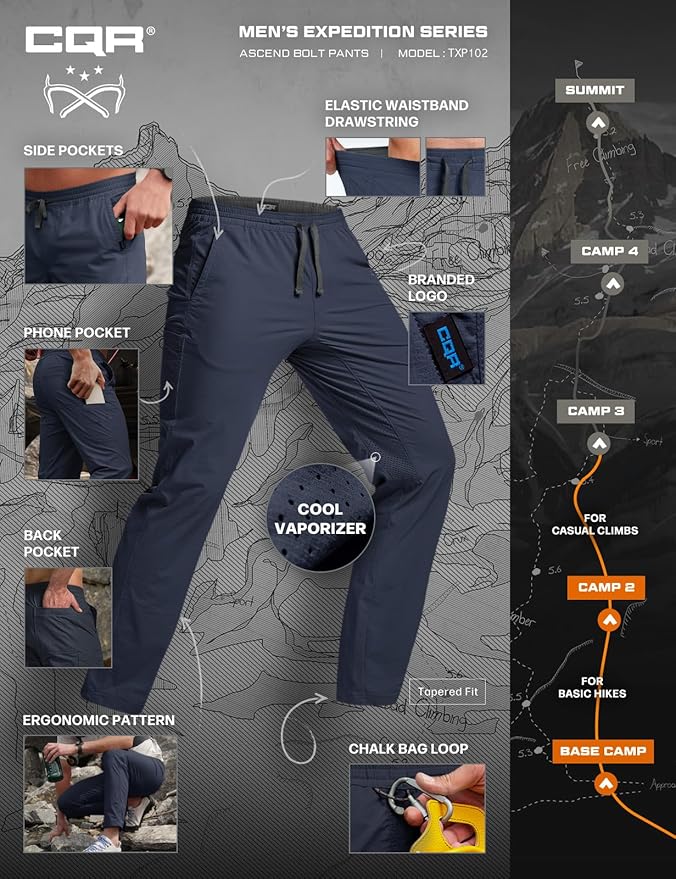 CQR Men's Lightweight Vent Hiking Pants, Water-Resistant & Breathable Sports Outdoor Athletic Pants with Elastic Waist