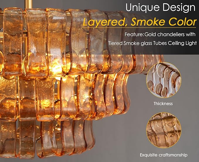 Modern Amber Glass Chandelier，23" Gold Round Chandelier for Dining Room, 4-Light Round Drum Kitchen Island Hanging Light Fixture Perfect for Living Room, Bedroom,Kitchen, Foyer