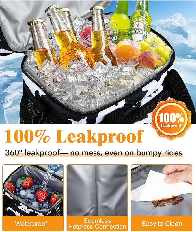Lunch Box for Women, Double Insulated Lunch Bag Reusable Leakproof Cooler Bag Portable Picnic Food Bag, Adult Lunch Tote Lunch Bag for Work, Construction Worker, Truck Driver-Cow Print
