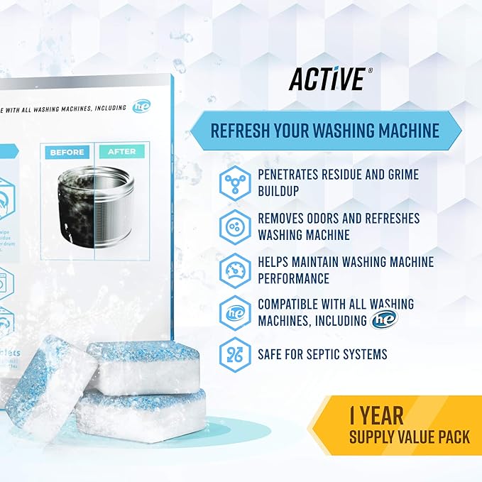 ACTIVE Washing Machine And Dishwasher Cleaning Tablets Bundle - Includes 12 Month Supply Dishwasher Cleaner Deodorizer & Washing Machine Descaler Deep Cleaning Tablets - 48 Tablet Set