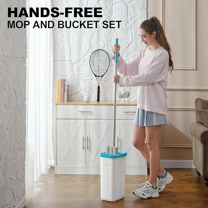 Mop and Bucket Set with Wringer, Dry & Wet Wall Mop Cleaner with Long Handle, Flat Squeeze Spin Dust Mop for Household Floor Cleaning with 4 Microfiber Mops, Turquoise-Cyan