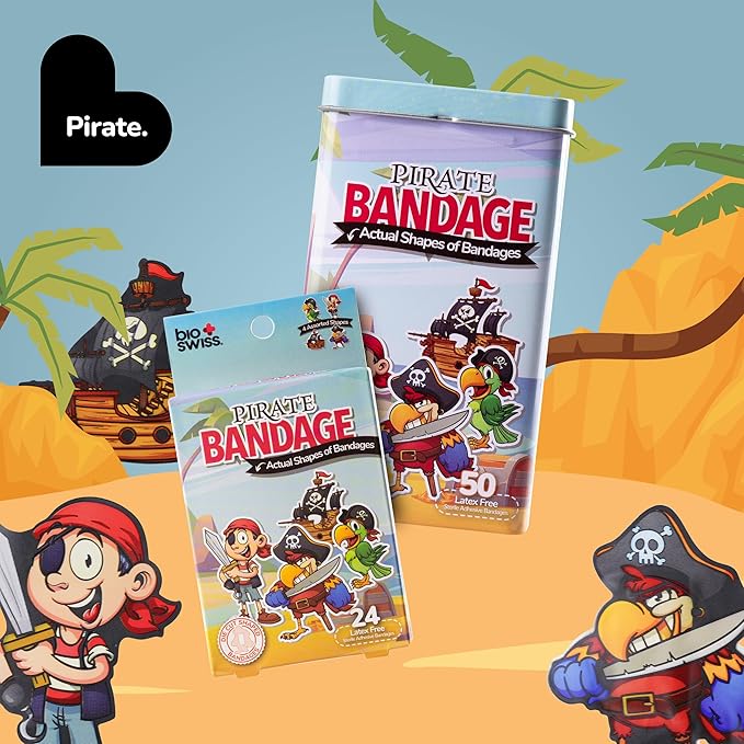 BioSwiss Kids Bandages, Pirate Shaped Self Adhesive Bandage Set, Latex Free, Sterile Wound Care, 50 Count