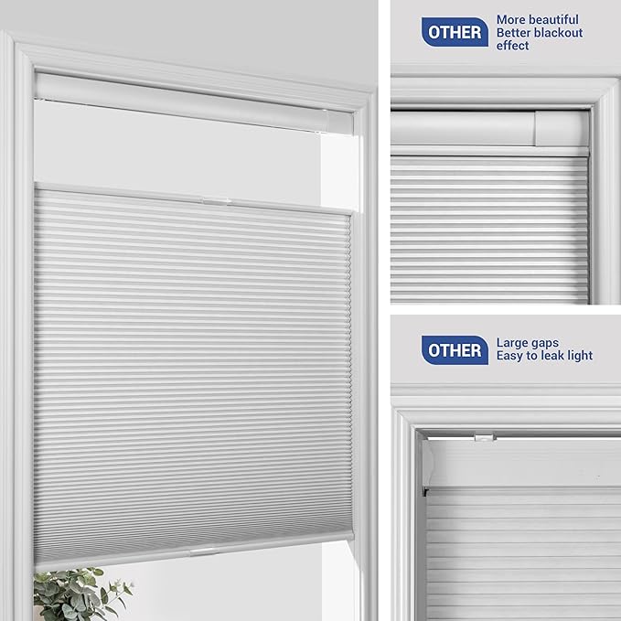 No Drill No Tools Cellular Shades Top Down Bottom Up Blackout Blinds for Windows Cordless Honeycomb Window Shades Easy to Install for Home, Blackout-White, Customized Size