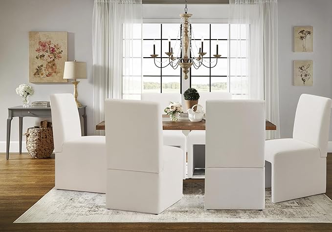 Upholstered Dining Chairs Set of 6 Modern Kitchen & Dining Room Chairs Linen Fabric Dining Chairs with Wooden Frame, White