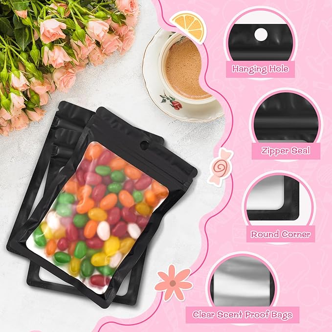 FUNFERY 100 Pack Mylar Resealable Bags Foil Packaging Bags with Clear Window,Zipper Pouch Smell Proof Bag for Food Storage,Cookies,Sample,Small Business(Black,5.5x7.9inch)