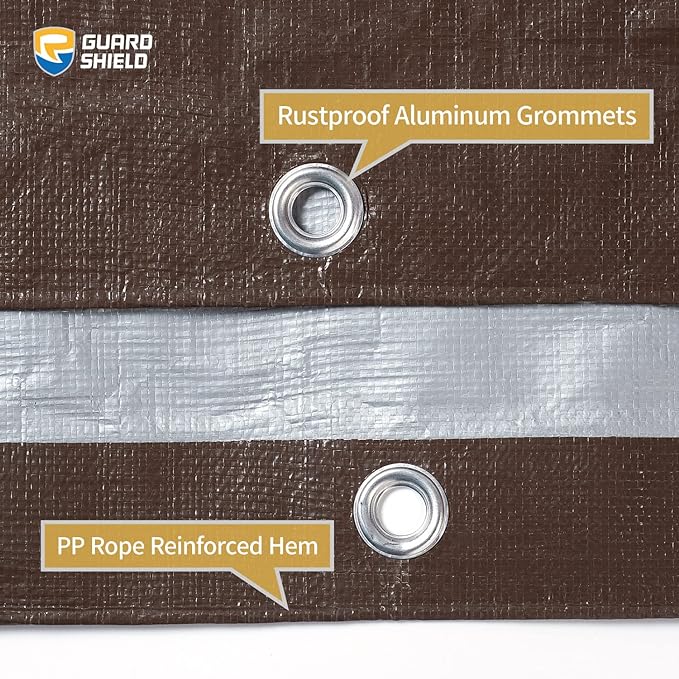 GUARD SHIELD Tarps Heavy Duty Waterproof 10x12 Feet Brown/Silver Poly Tarp Cover Outdoor Thick UV Resistant Tarpaulin with Grommets 10mil (2-Pack)