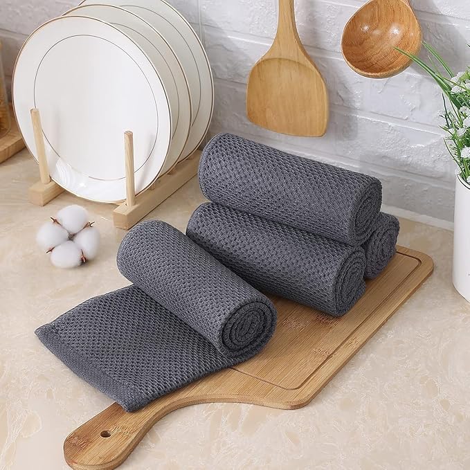 Kitinjoy 100% Cotton Waffle Weave Kitchen Towels, 12-Pack Super Soft and Absorbent Kitchen Dish Towels for Drying Dishes, Kitchen Hand Towels, 13 in x 28 in, Dark Grey