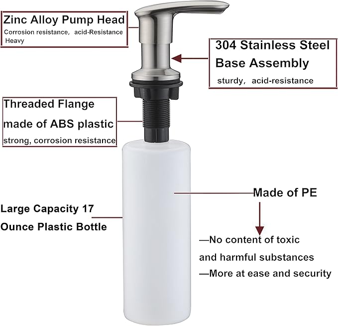 Stainless Steel Soap Dispenser - 17 OZ Kitchen Sink Pump with Built-in Hand Soap, Durable Zinc Alloy Nozzle, Elegant Brushed Nickel Finish