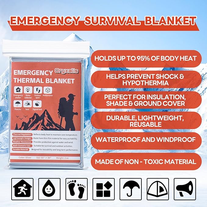 Emergency Mylar Thermal Blankets,Silver Foil Blanket Kit.Camping Heat Space Blankets for Survival,Perfect for Body Warmer in Hiking,Outdoor Traveling, First Aid (10 Pack)