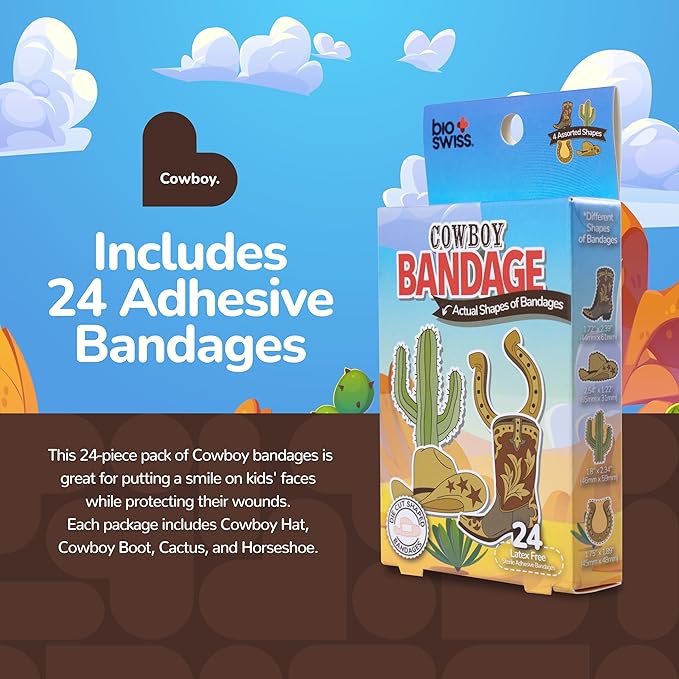 BioSwiss Kids Bandages, Cowboy Shaped Self Adhesive Bandage Set, Latex Free, Sterile Wound Care, 24 Count