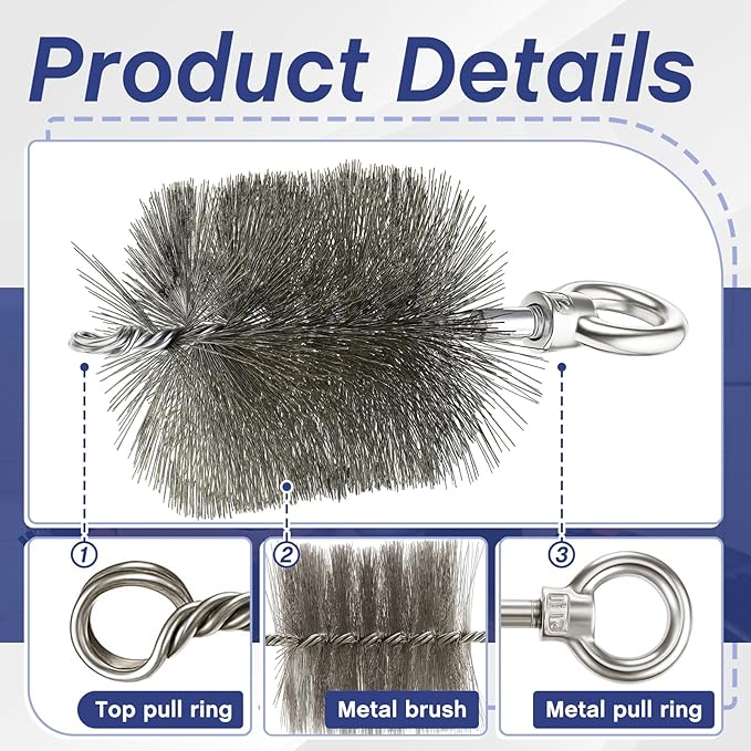 Flutesan 4-inch Cable Puller Brush Tool with Pull Ring, Cable Pulling Grip with Cleaning Brush for Heavy-Duty Duct, Deep & Curved Pipes, Stainless Steel Bristles for Stubborn Grime & Rust Removal