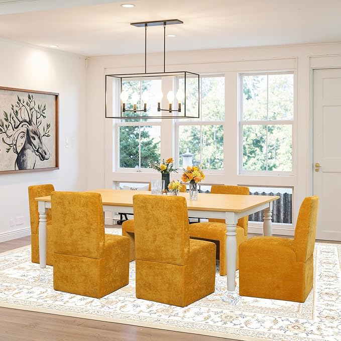 Upholstered Dining Chairs Set of 8 Modern Kitchen & Dining Room Chairs Linen Fabric Dining Chairs with Wooden Frame, Yellow