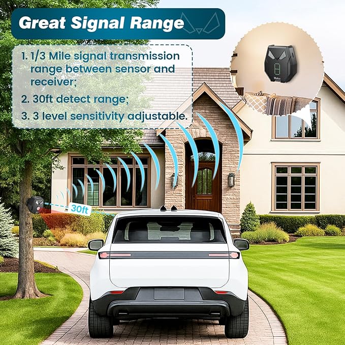 Solar Wireless Driveway Alarm Alert Outside 2000ft Range, Outdoor Motion Sensor & Detector Driveway Alert System with Rechargeable Battery/Weatherproof/Mute Mode/Expandable(1 Receiver and 2 sensors)