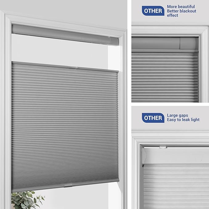 No Drill No Tools Cellular Shades Top Down Bottom Up Blackout Blinds for Windows Cordless Honeycomb Window Shades Easy to Install for Home,Blackout-Grey,59" W x 48" H