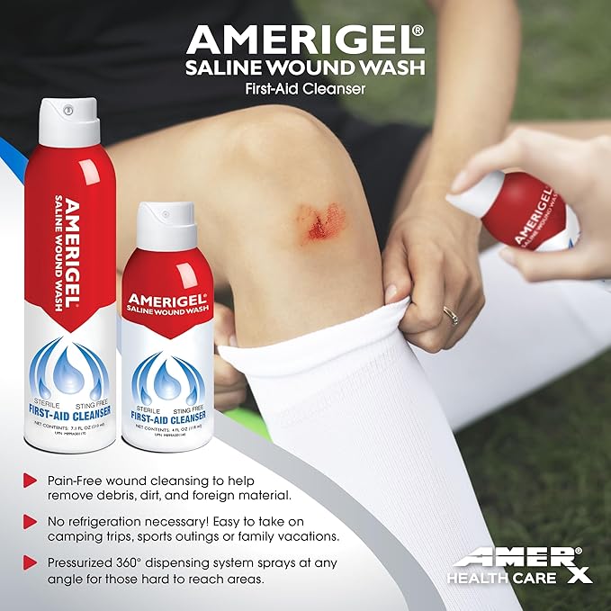 AMERIGEL - Saline Wound Wash (Pack of 4) First Aid Sterile Cleansing Solution - Advanced Skin and Wound Care - 7.1 Oz.
