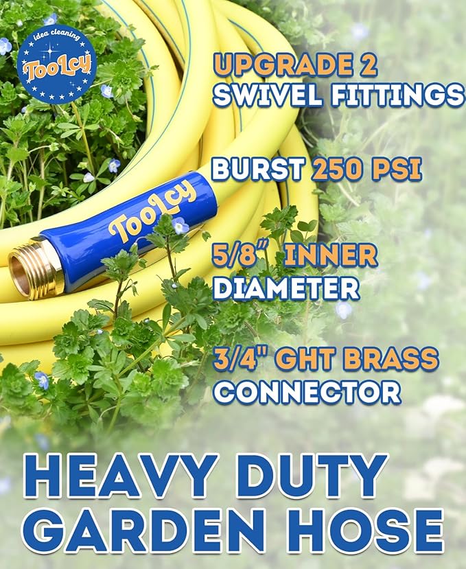 TOOLCY Flexible Garden Hose 100 ft with Swivel Fitting, Heavy Duty Hybrid 5/8 inch Water Hose, Outdoor, Lightweight, All-Weather, Brass Male to Female Fittings, 250 Burst