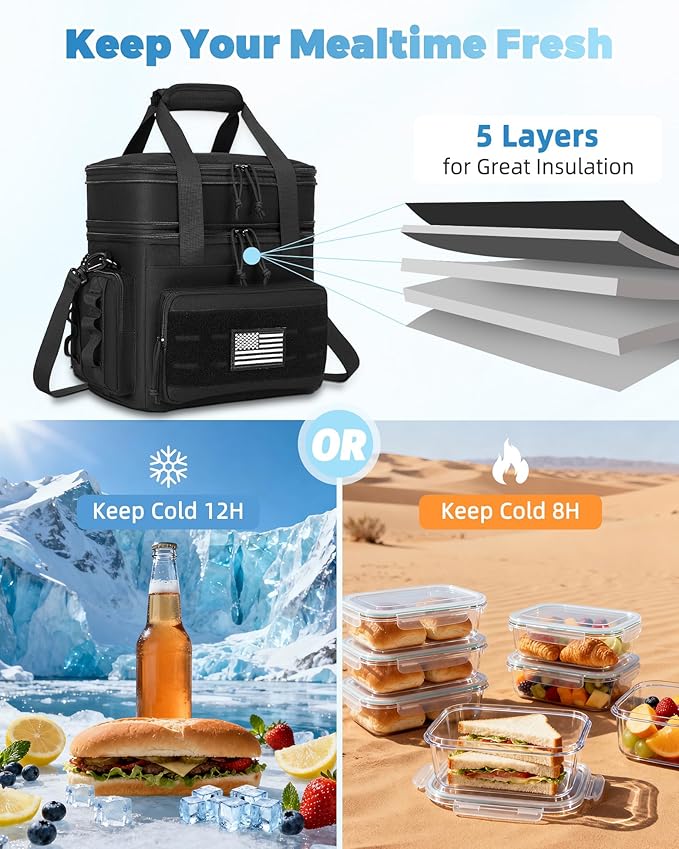 Tactical Lunch Bag & Lunch Box for Men - Large Double Deck Expandable Insulated Soft Adult Lunchbox for Work - Cooler Bag for Beach, Picnic, Camping,Outdoor，Travel (Black,16L)