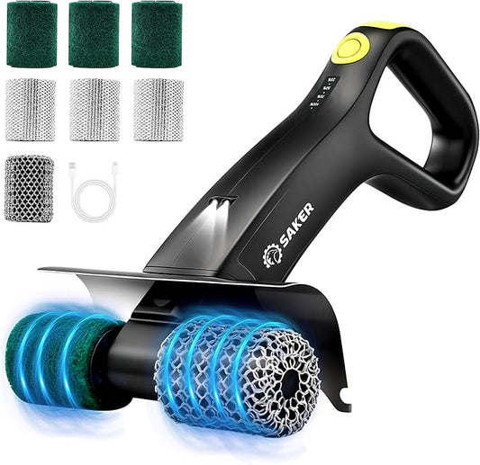 Saker Electric Grill Brush for Outdoor Grill, Bristle-Free Automatic Grill Cleaning Brush with 450 RPM & LED Light, Grill Rescue BBQ Brush Set with 3 Interchangeable Heads