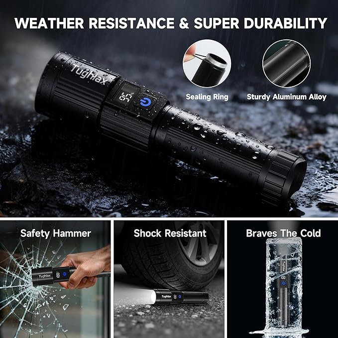4Pack Rechargeable Flashlights High Lumens, LED Flashlight Rechargeable with LCD Digital Display, 5Modes Adjustable Flash Light, Super Bright Flashlight Powerful, Tactical Flashlights for Home
