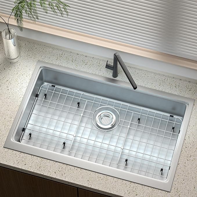 Large Sink Protector for Kitchen Sink,Metal Sink Rack 27.5" X 13.5",Stainless Steel Sink Grid for Bottom of Sink with Strainer,Corner Radius 1",Sink Grate with Rear Drain Hole for Single Bowl,1 Pack