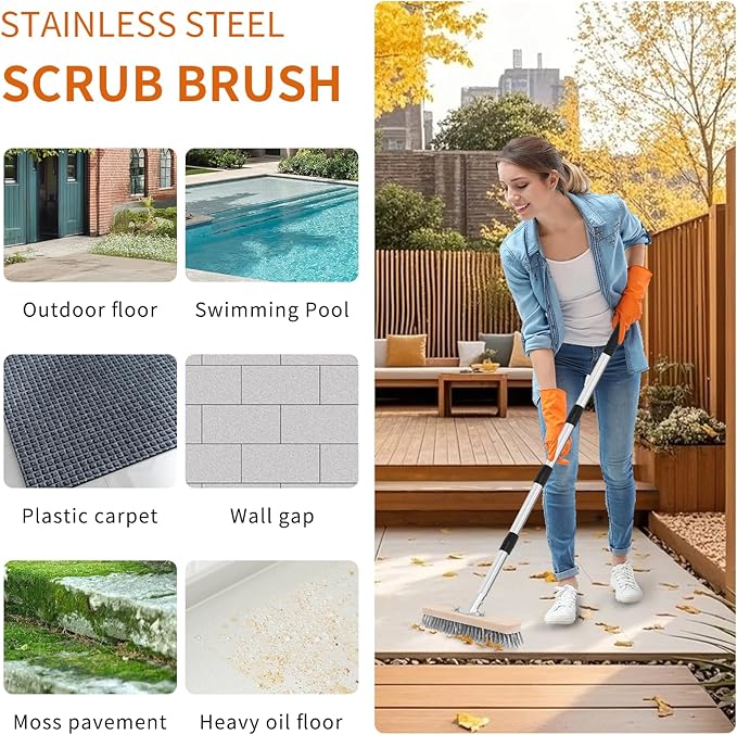 Stainless Steel Wire Scrub Brush with Long Handle, Moss Remover Wire Broom for Deck, Rough Surface, Concrete Floor, Patio, Garden, Garage