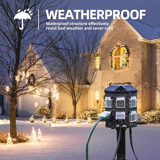 Outdoor Power Strip Weatherproof, 100 FT Extension Cord with Power Stake, 6 Grounded Outlets for Outdoor Lights, 15A/1875W, ETL Listed