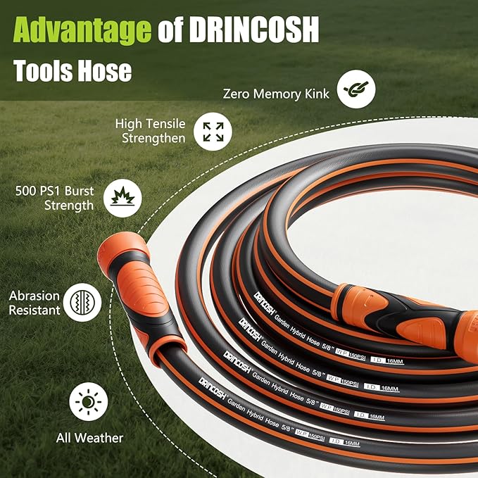 50FT Garden Hose Heavy Duty x 5/8", Lightweight Flexible Water Hose with Nickel-plated Fittings, Kink-Free, Leak-Proof, Easy Storage for Yard Lawn Care Male to Female