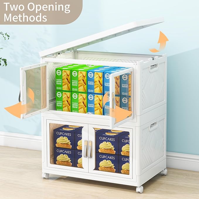 Large Clear Stackable Storage Bins with Lids, Foldable Storage Cabinet for Closet Organizers and Storage, Plastic Storage Box with Wheels 90 QT