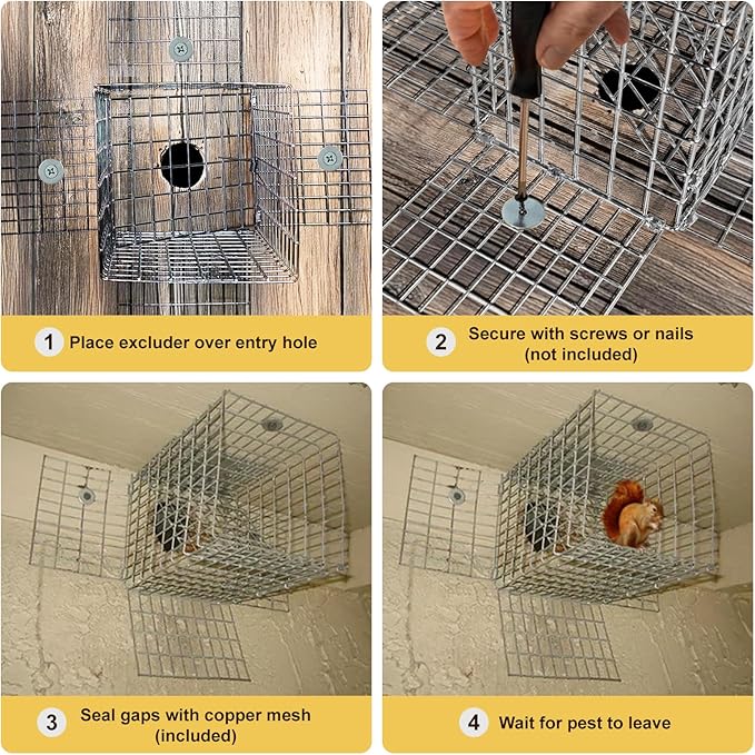 Animal Excluder Cage - 6.3x6.3 Heavy Duty Copper Mesh for Squirrels, Raccoons & Bats | One-Way Humane Pest Control | Attic/Chimney Install Kit Included