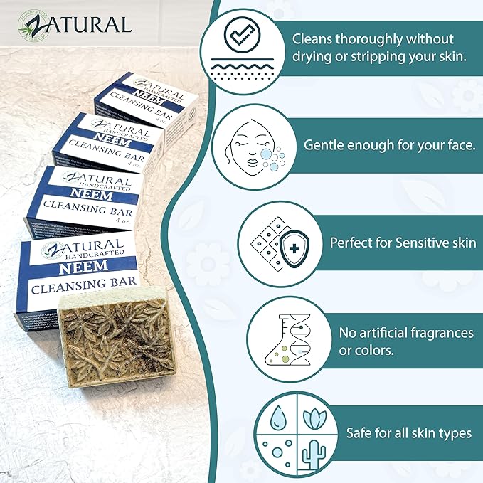 Zatural Neem Soap Bar Ultra-Sensitive Skin-Soothing Therapy for Skin Irritation, Itching, Flaking, and Dryness (3 Count)