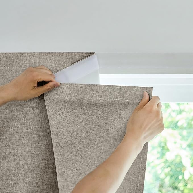 100% Blackout French Door Curtain,Adhesive, No Drilling Required,Small Curtains Designed for Installation On Doors (Light Coffee - W25 × L40 in)