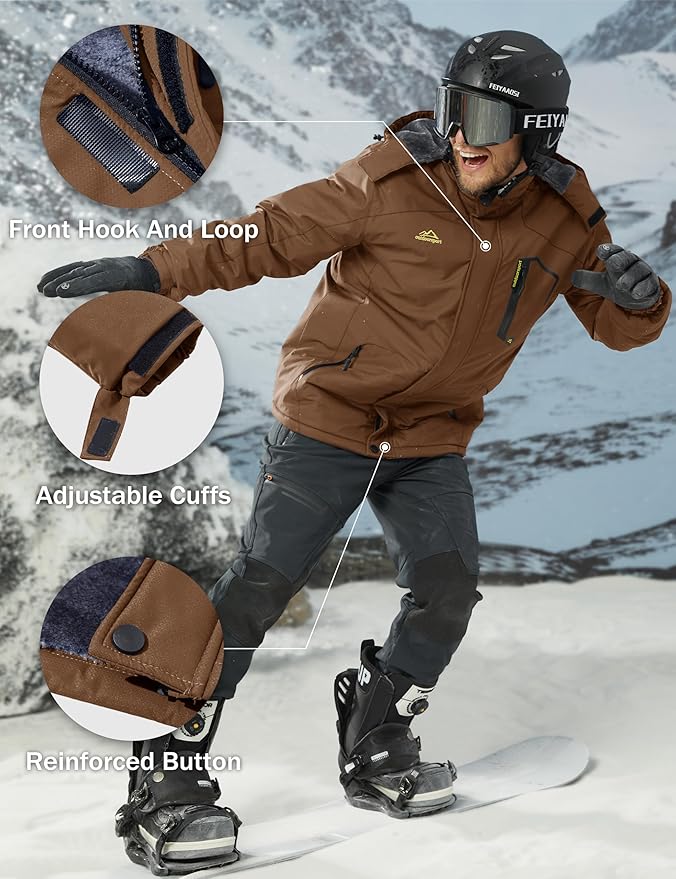 MAGCOMSEN Men's Winter Coats Water Resistant Ski Snow Jacket Warm Fleece Jacket Parka Raincoats With Hood Multi-Pockets